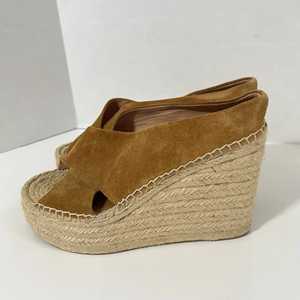 Sigerson Morrison Atifa Espadrille Wedge Sandals Suede Leather Size 7 CamelBrown